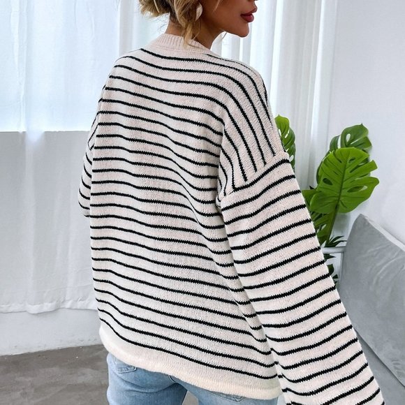 Black and White Preppy Womens Striped Drop Shoulder Button Front Sweater - Picture 3 of 5